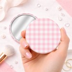 Cermin Bulat Pastel Strawberry Pink Gingham Pattern | Kaca Cermin Make Up Mini